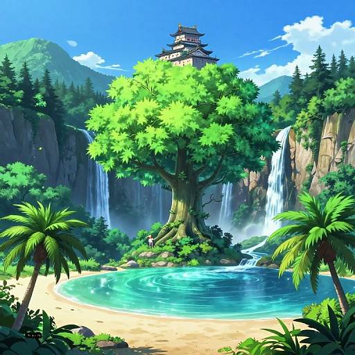 Digital anime-style painting of a lush, tropical landscape with a large, leafy tree, cascading waterfall, blue lake, sandy beach, and a