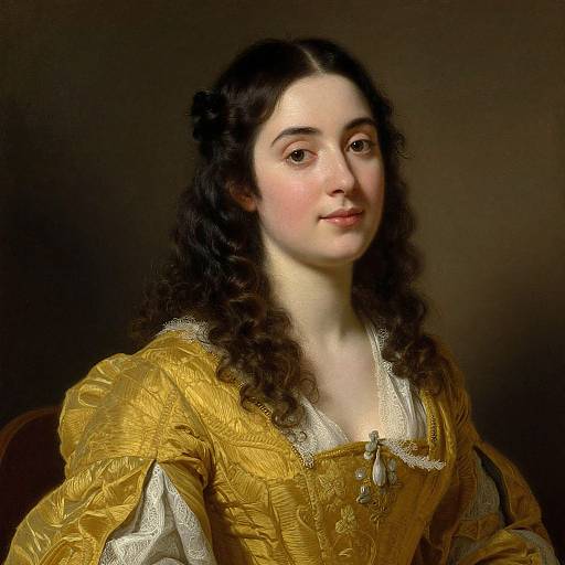 18th-century portrait of a fair-skinned woman with curly dark hair, wearing a gold embroidered dress with white lace, against a dark brown background.