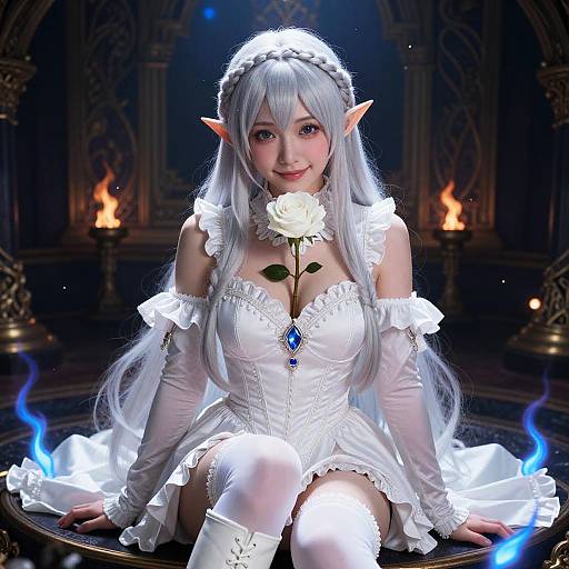 CGI image of an elf woman in a white, frilled dress, holding a white rose, with long silver hair, in a dark, fiery