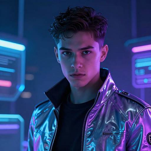 Photorealistic digital artwork of a young man with curly brown hair, wearing a shiny, purple and blue neon-illuminated jacket, in a