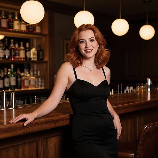 Photograph of a red-haired woman in a black spaghetti-strap dress, smiling at a dimly-lit bar with round hanging lights and shelves of