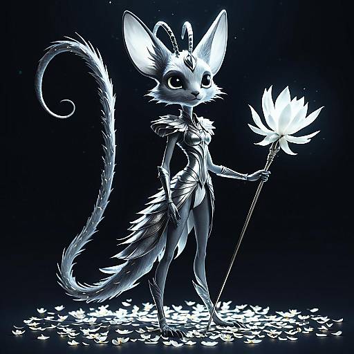 Silver Teardrop Creature with Glowing Tail and Luminous Petals