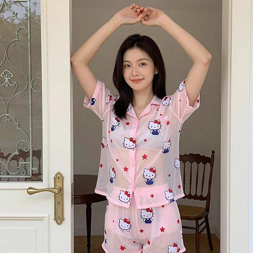 Asian Woman in Sheer Pink Pajamas