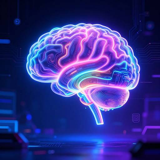 Neon-lit, digital CGI brain glowing in vibrant blue, pink, and purple hues against a dark, tech-themed background with circuitry patterns.