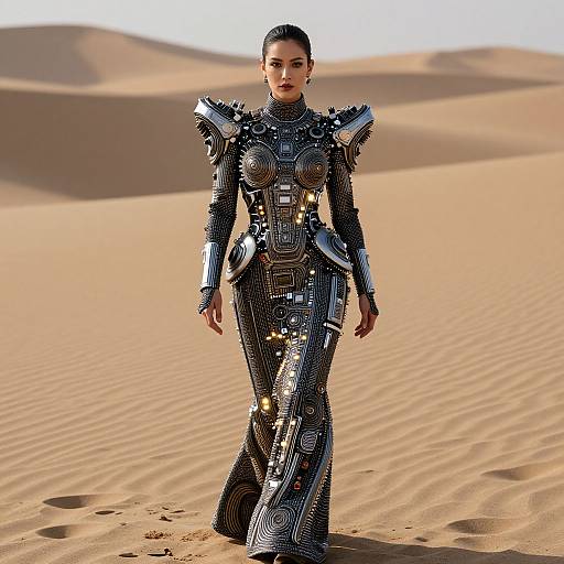 Photograph of a woman in a futuristic, silver sequined jumpsuit with metallic shoulder pads, walking through a sunlit desert with rippled sand d