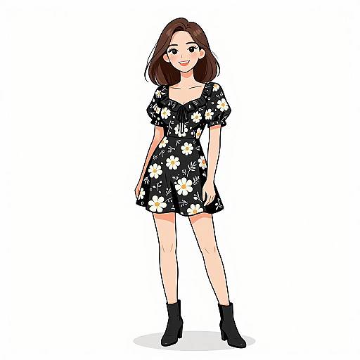 Digital illustration of a smiling young woman with brown hair, wearing a black floral dress and black ankle boots, standing against a white background.