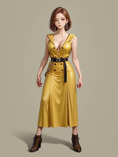 CGI image of a young woman with short brown hair, wearing a yellow, sleeveless, V-neck dress with black buttons and belt, black ankle