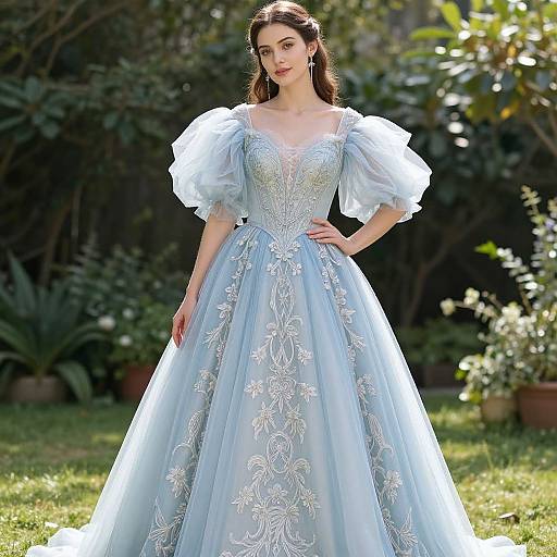 Photograph of a young woman with long brown hair in a light blue, intricately embroidered, puffed-sleeve ball gown, standing in a