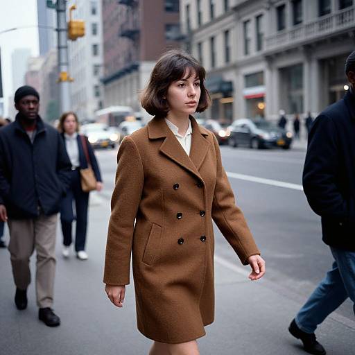 Photograph of an Asian woman with short brown hair, wearing a brown double-breasted coat, walking on a busy urban street. Background includes pedestrians,