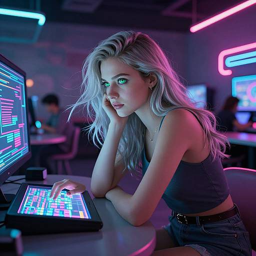 Neon-lit cyber cafe: Blonde woman with green eyes, wearing a black crop top and denim shorts, intensely focuses on a glowing computer screen.