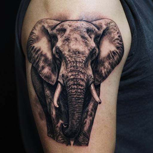 Realistic black-and-grey tattoo of an elephant on a person's upper arm, showcasing detailed texture and shading. The elephant's large ears and tusks