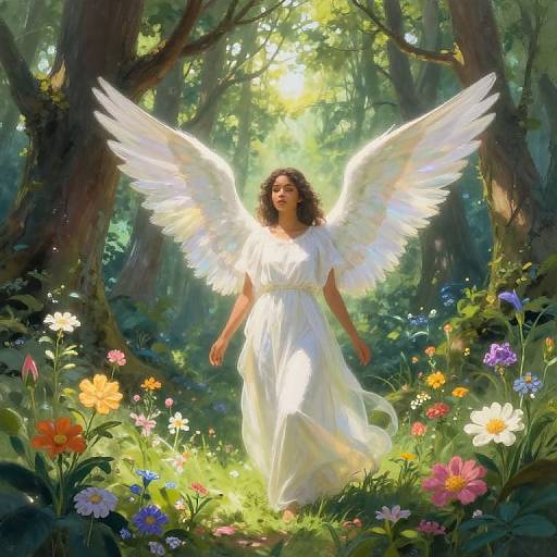 Digital painting of a radiant, ethereal woman with white wings, wearing a flowing white dress, surrounded by colorful flowers in a sunlit forest.