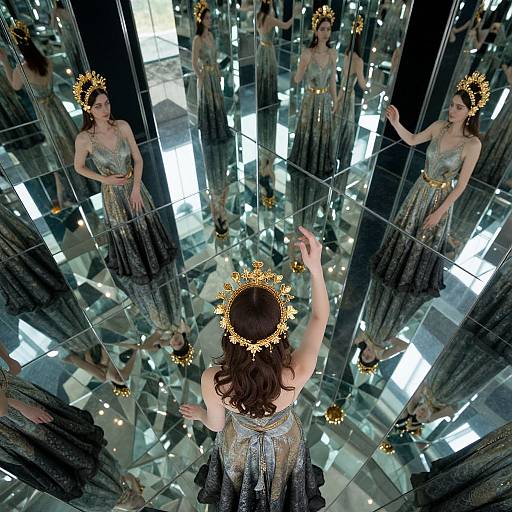 Photograph of a woman with a gold crown, wearing a silver and black dress, standing in front of a mirrored wall, reflecting multiple versions of herself