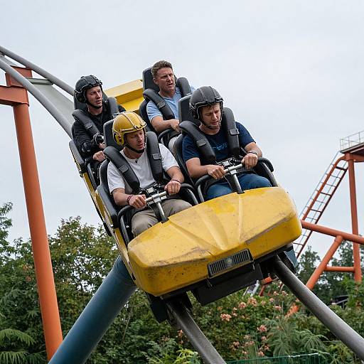 Photograph of three men in black and yellow safety harnesses riding a yellow roller coaster, with orange support beams and greenery in the background.