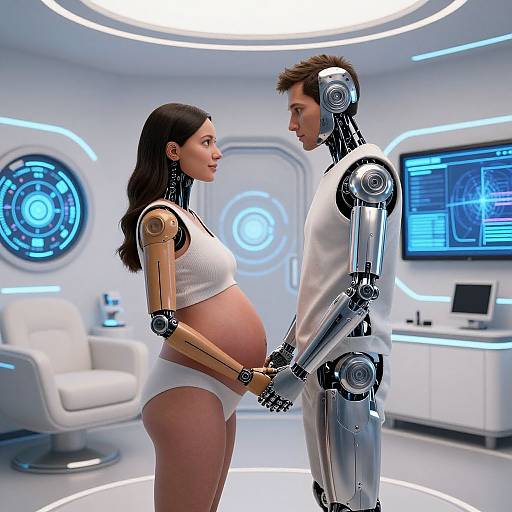 CGI image of a pregnant woman in white underwear holding hands with a male robot in a futuristic, white-lit room.