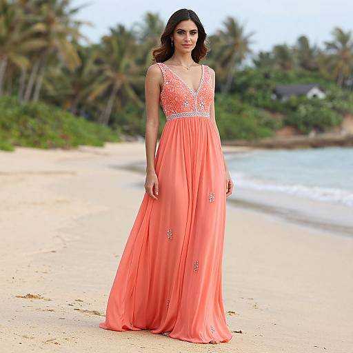 Photograph of a woman with wavy brown hair wearing a coral pink, lace-trimmed, V-neck, floor-length gown on a tropical beach