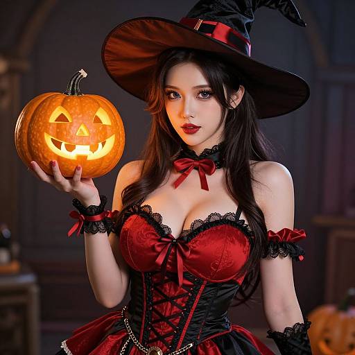 Photograph of a beautiful woman in a sexy red and black witch costume, holding a carved pumpkin with a glowing face, dark background, Halloween setting.
