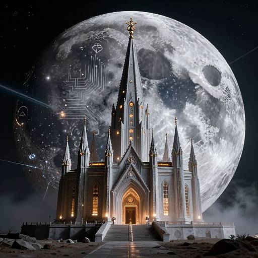 Digital artwork of a gothic cathedral with glowing windows, centered before a massive, illuminated full moon with circuit patterns and celestial symbols, set against a star