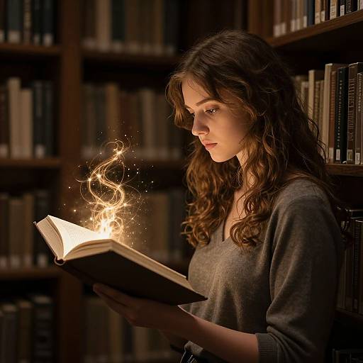 Photograph of a young woman with long brown hair, wearing a gray sweater, holding an open book with glowing, magical sparks. Library background.