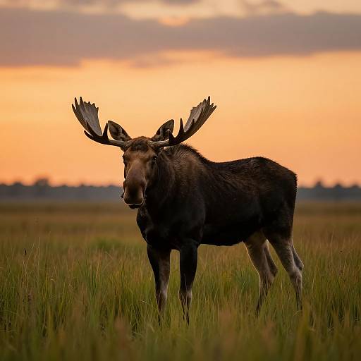 Photograph of a large moose with impressive antlers standing in a grassy field during a vibrant sunset, with an orange and purple sky in the