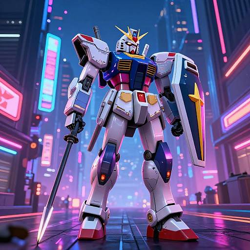 CGI image of a white, blue, and red robotic mecha with a sword and shield, standing in a neon-lit cyberpunk city street