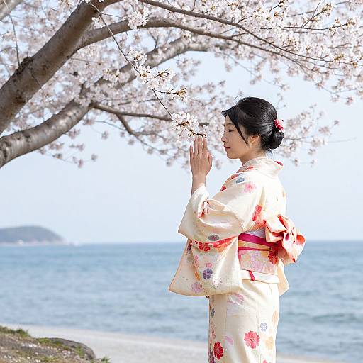 Japanese woman in a white floral kimono with red accents, praying under cherry blossom trees, beside a calm ocean. (Photograph)