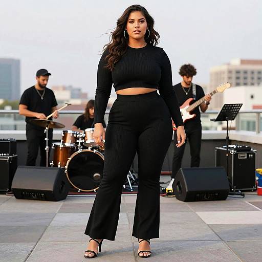 Photograph of a confident Latina woman with long curly hair, wearing a black crop top and high-waisted pants, walking on a rooftop stage with