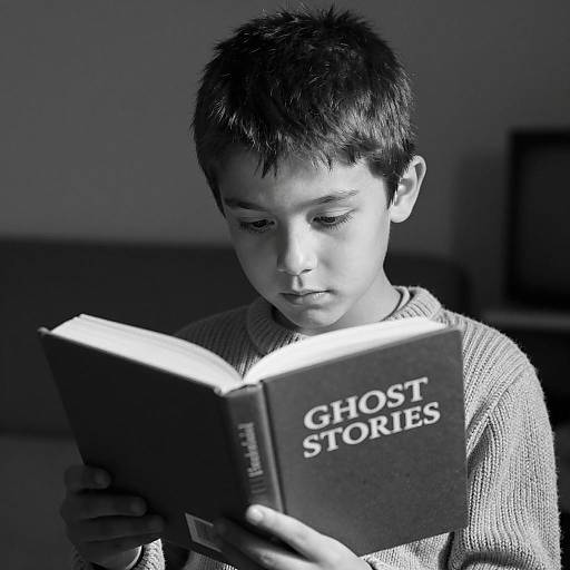 Young Boy Reading Ghost Stories in Shadows