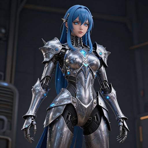CGI image of a blue-haired anime woman in futuristic, silver armored suit with glowing blue accents, standing in a dark, sci-fi industrial setting.