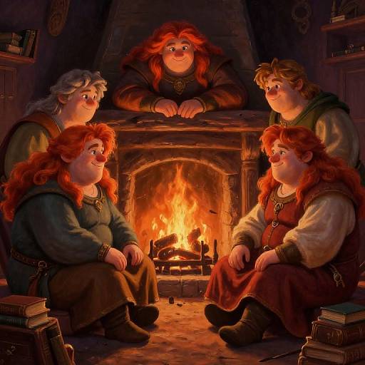Digital painting of five red-haired women with curly hair, medieval attire, sitting around a warm, roaring fireplace in a cozy room.