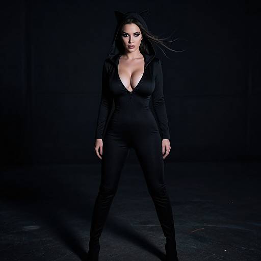 Photograph of a confident woman with long black hair, wearing a deep V-neck black jumpsuit and boots, standing against a dark background.