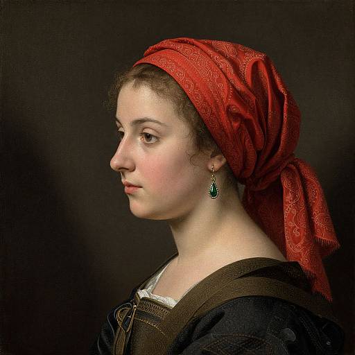 Baroque-style portrait of a young woman with fair skin, brown eyes, and red headscarf, wearing black dress and green earrings, against a