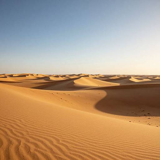 Photograph of a sunlit desert with rippled sand dunes, casting long shadows under a clear blue sky. Golden hues dominate the scene, highlighting