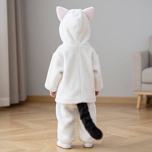Photograph of a child in a white cat onesie with black tail, standing on wooden floor, facing away, in a minimalist room.