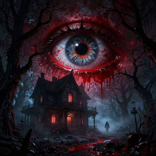 Digital horror artwork: A creepy, blood-splattered house with glowing red windows under a massive, dripping blood-eyed sky, silhouetted figures