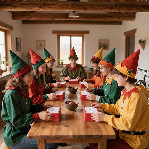 Festive Elves Assembling Gift Boxes in Workshop