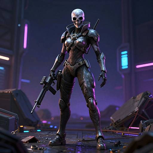CGI sci-fi image of a muscular, cybernetic female warrior with a white skull head, black armored suit, holding a gun, in a