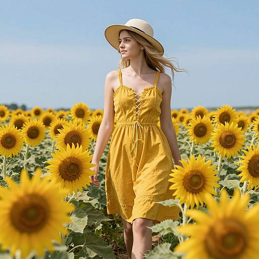 Photograph of a blonde woman in a yellow sundress and straw hat walking through a vibrant sunflower field under a clear blue sky.