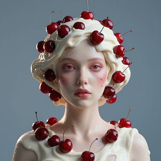 Photorealistic digital artwork of a pale-skinned woman with cherries on her cream-colored, wavy hair and dress against a blue background.