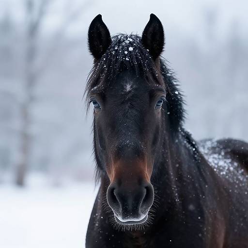 Close-up photograph of a black horse with snow-dusted mane and nose, standing in a snowy, blurred winter landscape.