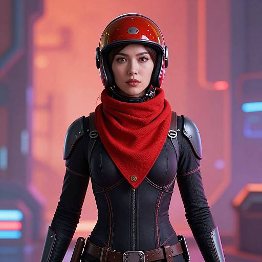 Digital CGI image of a serious Asian woman in a black leather suit, red scarf, and red helmet, standing in a futuristic, neon-lit background