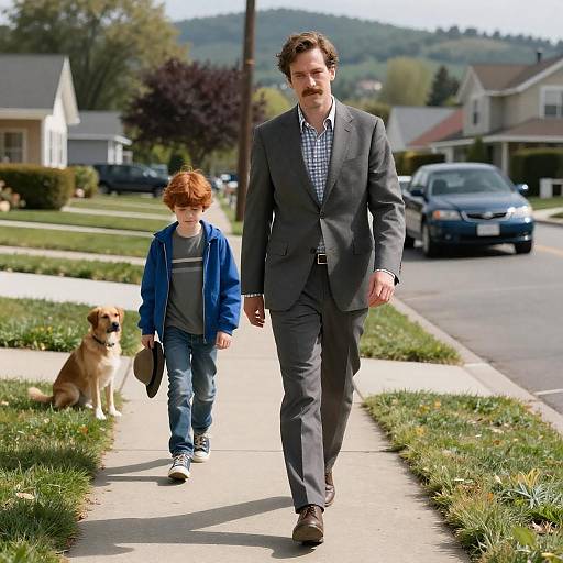 Man and Boy Walking in Suburban Neighborhood