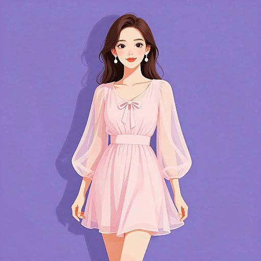 Digital anime-style drawing of a smiling woman with long brown hair, wearing a white, sheer, long-sleeve dress, against a solid blue background