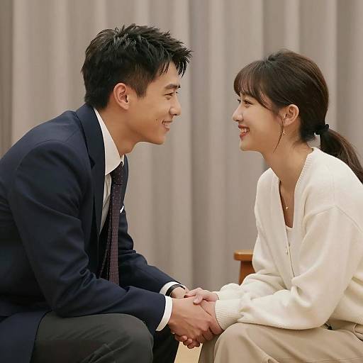 Young Couple Holding Hands and Smiling Indoors