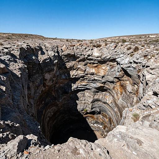 Photograph of a deep, rocky canyon with layered sediment, under a clear blue sky. Sunlight highlights the canyon's textured, rugged walls.