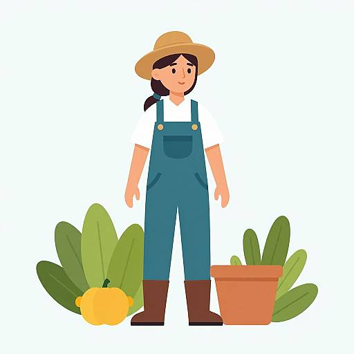 Digital illustration of a smiling Asian woman in blue overalls, white shirt, brown boots, and straw hat, standing with a potted plant and green