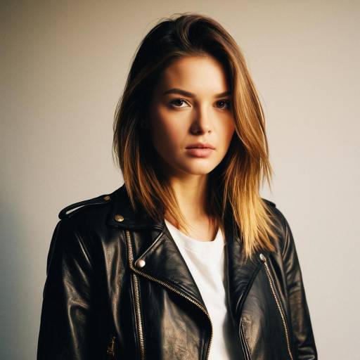 Woman with Layered Straight Hairstyle in Leather Jacket