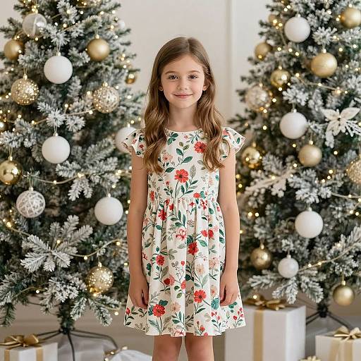 Photograph of a young girl with long brown hair in a white floral dress, standing between two decorated Christmas trees with gold and white ornaments.