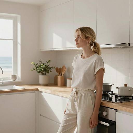 Photograph of a blonde woman in a white t-shirt and beige pants standing in a bright, modern kitchen with wooden countertops.