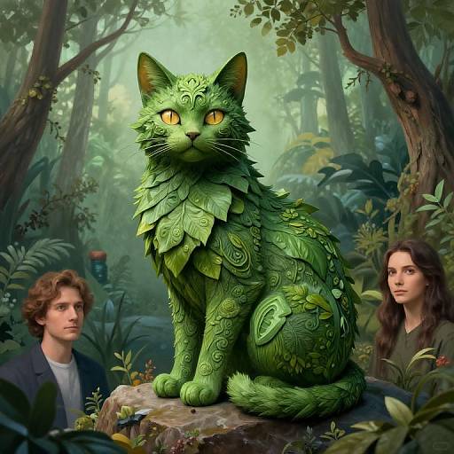 Digital art of a green, leaf-patterned cat with yellow eyes in a lush forest, flanked by a curly-haired man and a woman with long